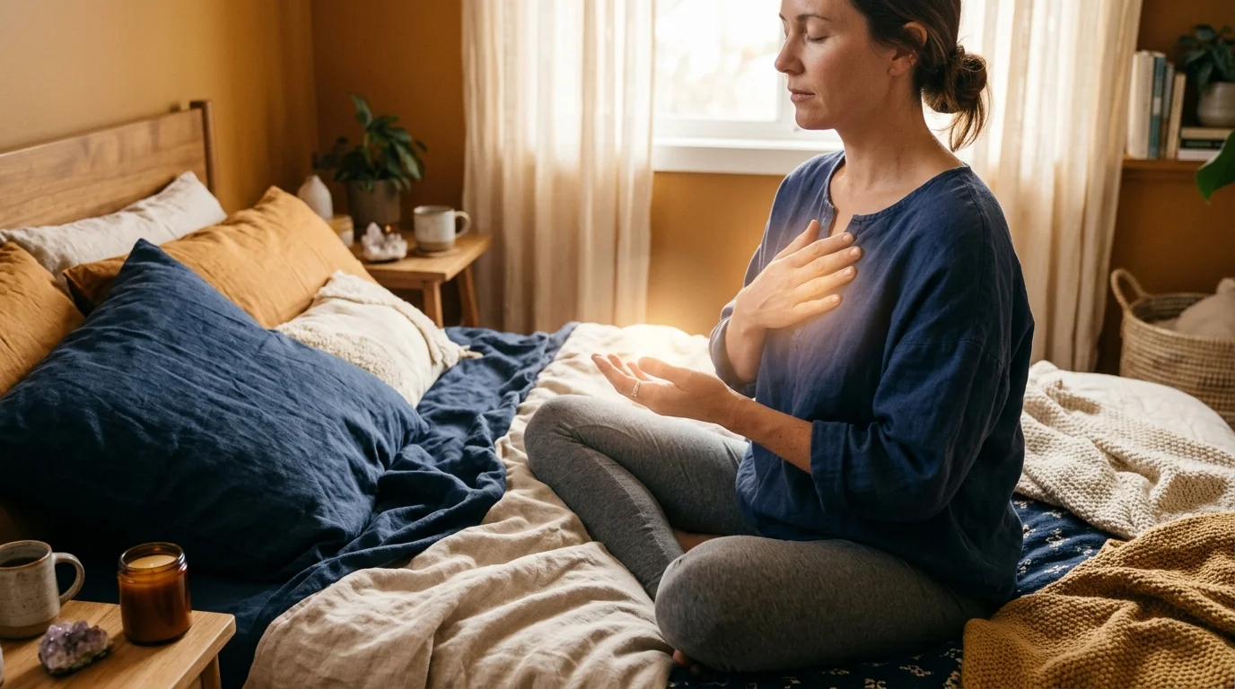 Woman sitting in a peaceful bedroom practicing Reiki