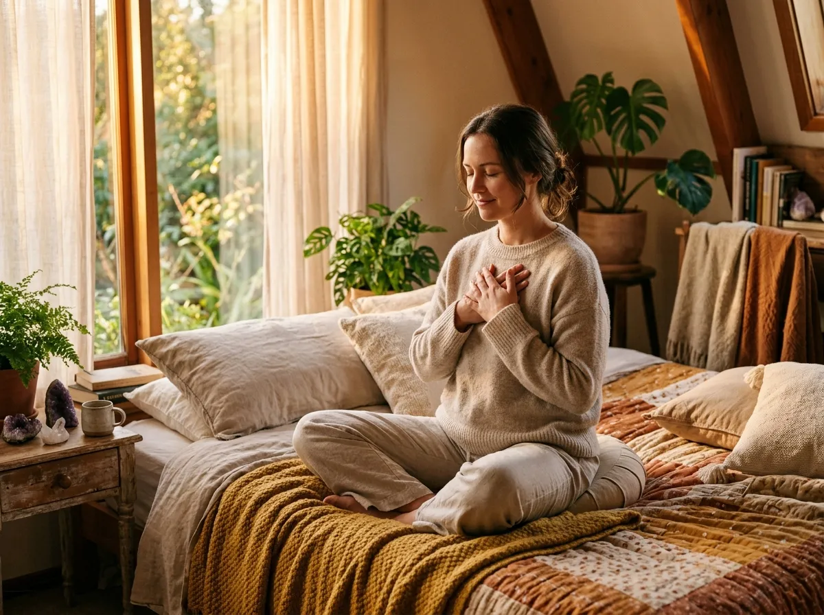 Woman practicing a peaceful morning self-healing ritual